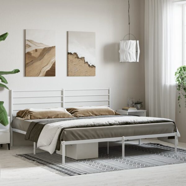 vidaXL Metal Bed Frame with Headboard White 76"x79.9" King - Image 3