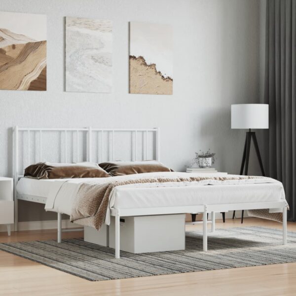 vidaXL Metal Bed Frame with Headboard White 59.8"x78.7"