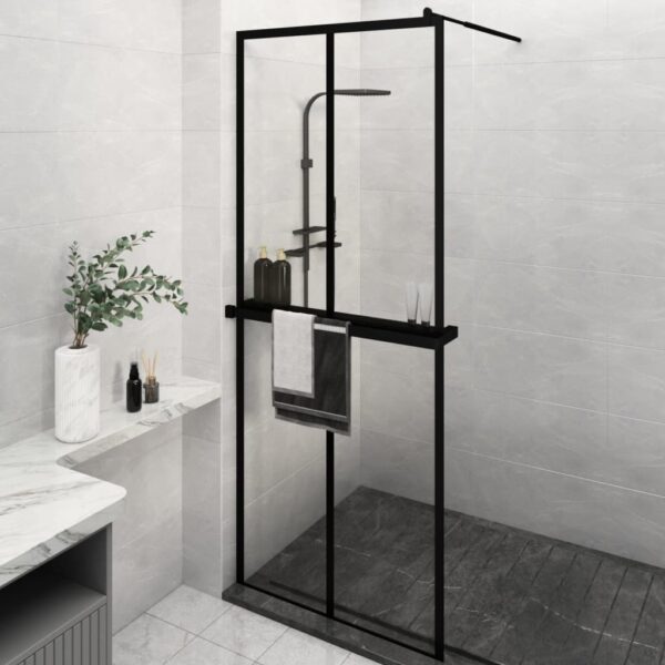 vidaXL Walk-in Shower Wall with Shelf Black 31.5"x76.8" ESG Glass&Aluminum