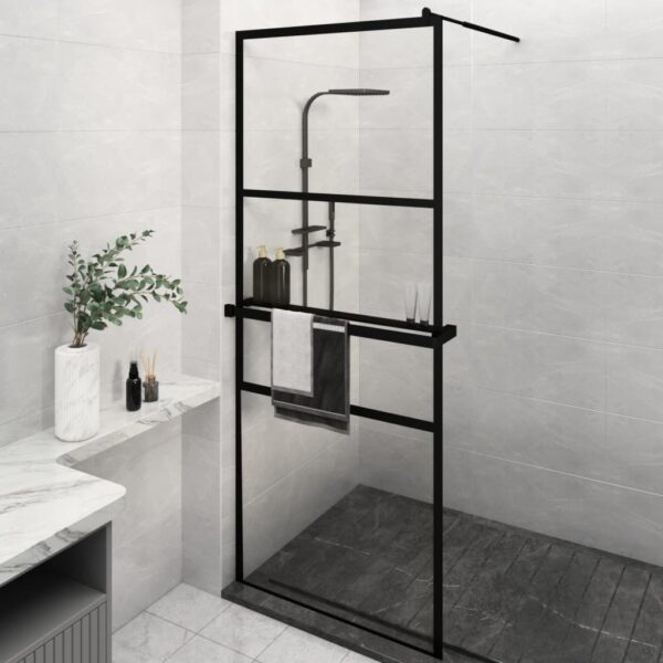 vidaXL Walk-in Shower Wall with Shelf Black 31.5"x76.8" ESG Glass&Aluminum