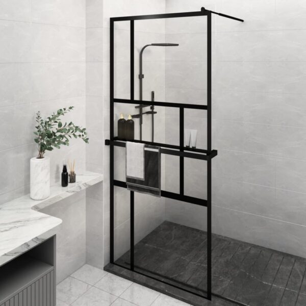 vidaXL Walk-in Shower Wall with Shelf Black 35.4"x76.8" ESG Glass&Aluminum