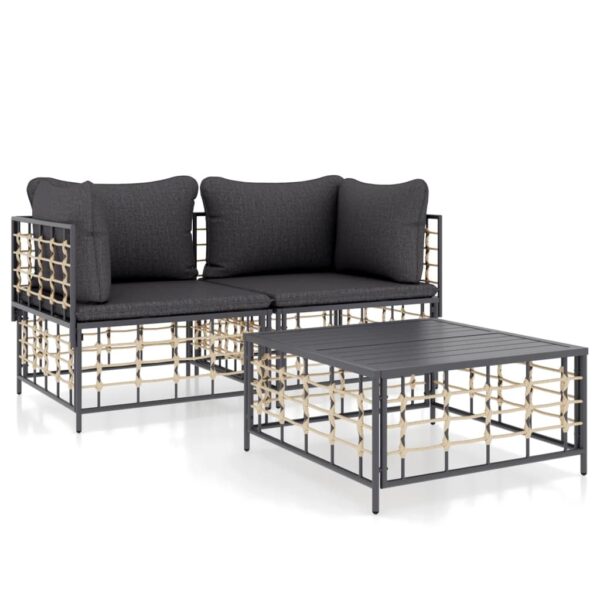 vidaXL 3 Piece Patio Lounge Set with Cushions Anthracite Poly Rattan - Image 2