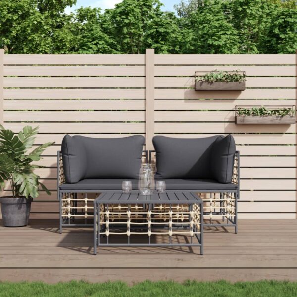 vidaXL 3 Piece Patio Lounge Set with Cushions Anthracite Poly Rattan