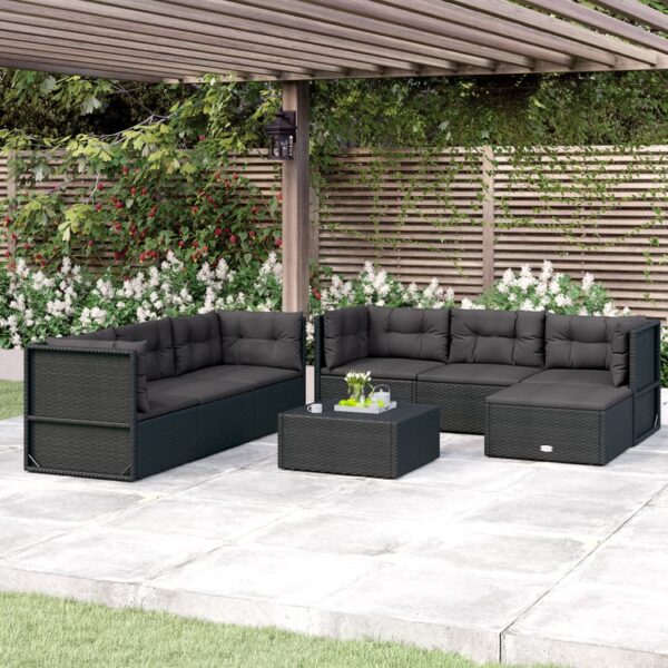 vidaXL 7 Piece Patio Lounge Set with Cushions Black Poly Rattan