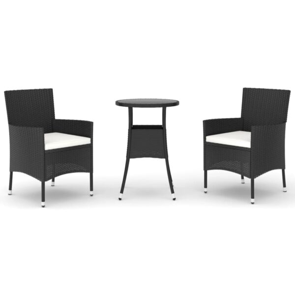 vidaXL 3 Piece Patio Bistro Set with Cushions Black Poly Rattan - Image 2