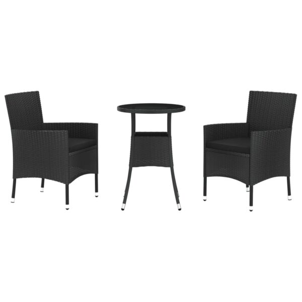 vidaXL 3 Piece Patio Bistro Set with Cushions Black Poly Rattan - Image 2