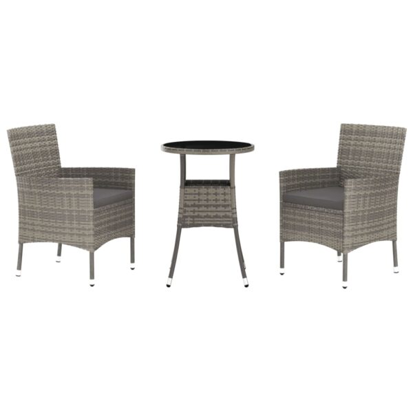 vidaXL 3 Piece Patio Bistro Set with Cushions Gray Poly Rattan - Image 2