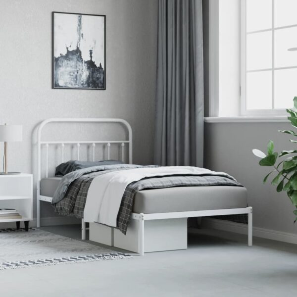 vidaXL Metal Bed Frame with Headboard White 39.4"x74.8" Twin - Image 4