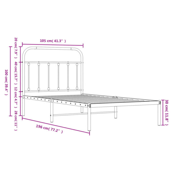 vidaXL Metal Bed Frame with Headboard White 39.4"x74.8" Twin - Image 9