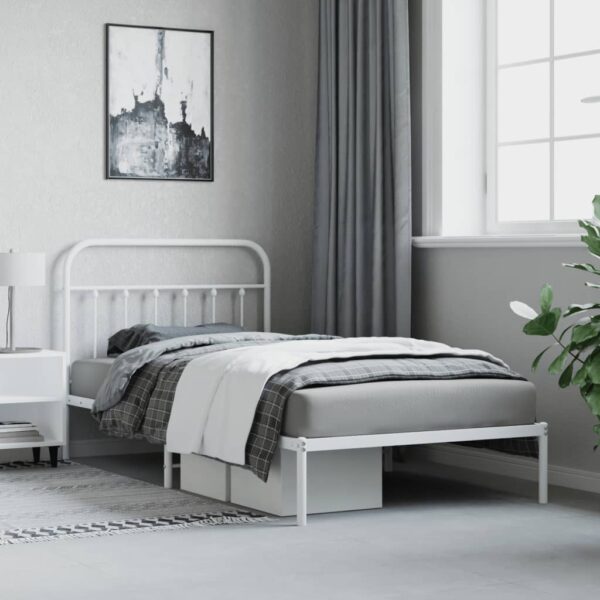 vidaXL Metal Bed Frame with Headboard White 39.4"x78.7" - Image 4