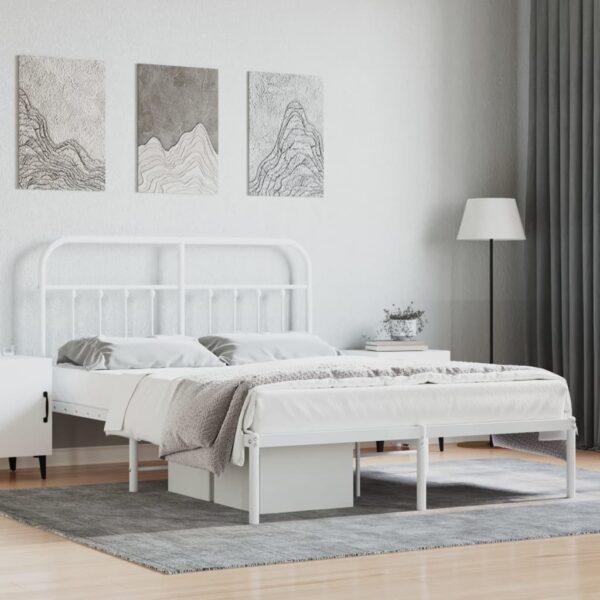 vidaXL Metal Bed Frame with Headboard White 53.1"x74.8"