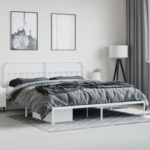 vidaXL Metal Bed Frame with Headboard White 76"x79.9" King - Image 4