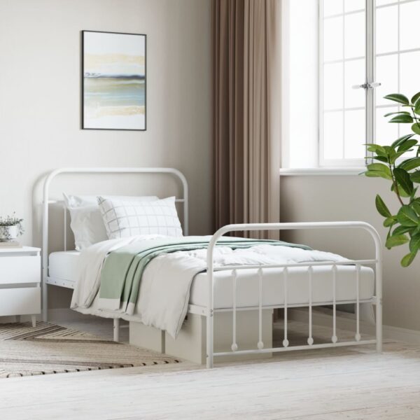 vidaXL Metal Bed Frame with Headboard and Footboard White 39.4"x78.7"