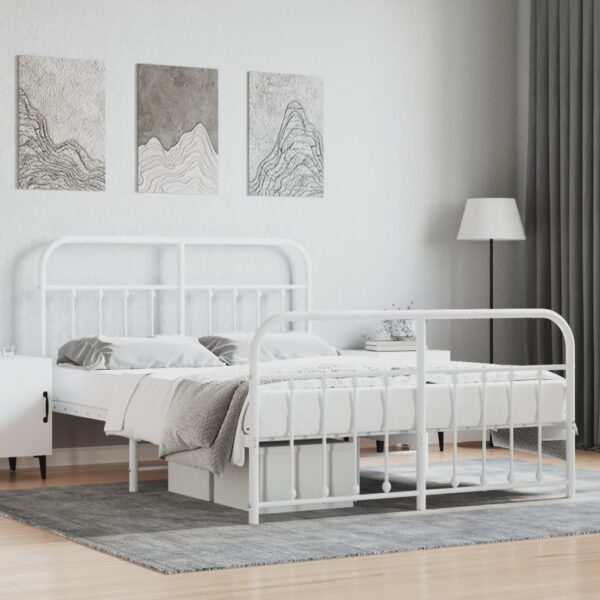 vidaXL Metal Bed Frame with Headboard and Footboard White 53.1"x74.8"