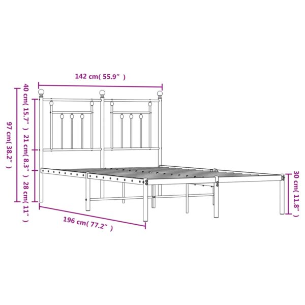 vidaXL Metal Bed Frame with Headboard Black 53.1"x74.8" - Image 10