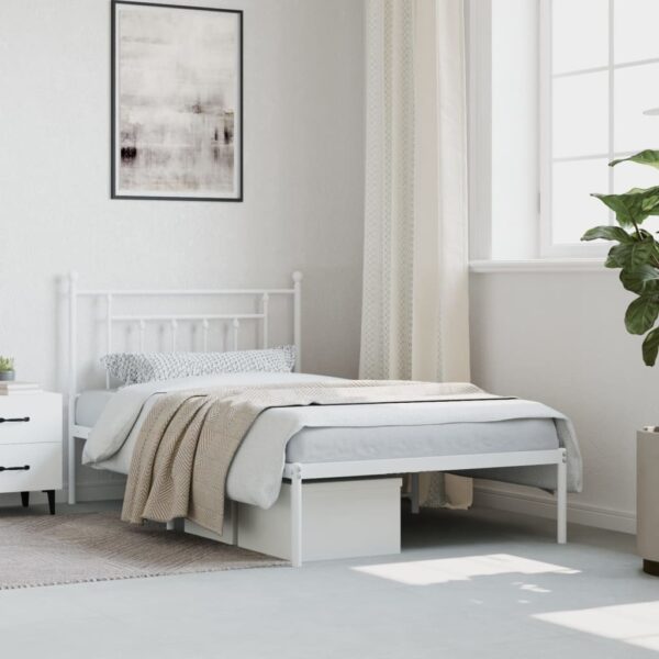 vidaXL Metal Bed Frame with Headboard White 39.4"x78.7" - Image 3