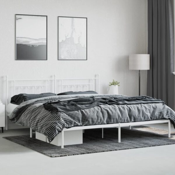 vidaXL Metal Bed Frame with Headboard White 76"x79.9" King - Image 3