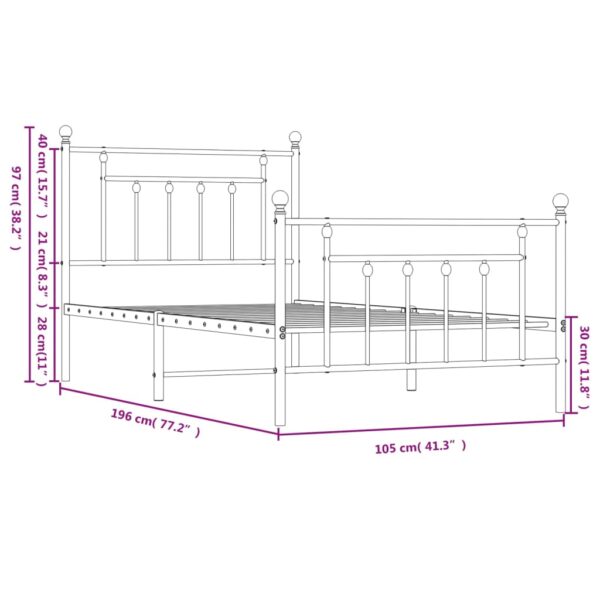 vidaXL Metal Bed Frame with Headboard and Footboard White 39.4"x74.8" Twin - Image 10