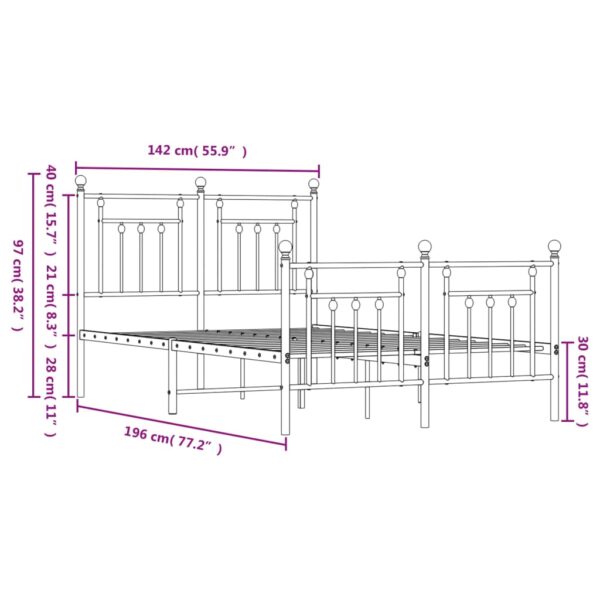 vidaXL Metal Bed Frame with Headboard and Footboard White 53.1"x74.8" - Image 10