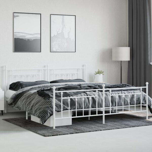 vidaXL Metal Bed Frame with Headboard and Footboard White 76"x79.9" King - Image 3