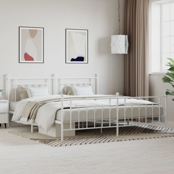 vidaXL Metal Bed Frame with Headboard and Footboard White 76"x79.9" King