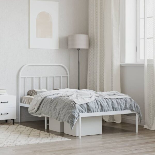 vidaXL Metal Bed Frame with Headboard White 39.4"x78.7" - Image 3