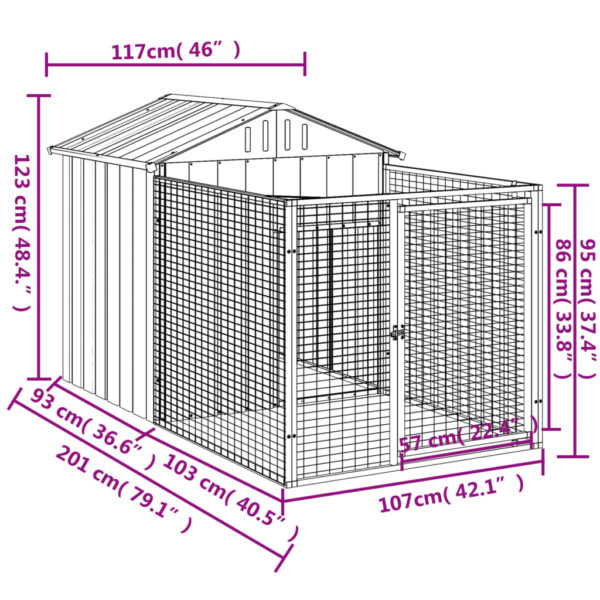 vidaXL Dog House with Run Light Gray 46.1"x79.1"x48.4" Galvanized Steel - Image 5