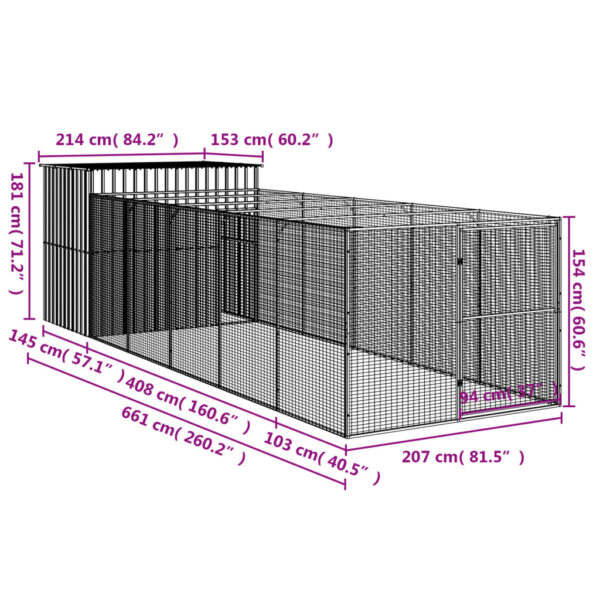 vidaXL Dog House with Run Anthracite 84.3"x260.2"x71.3" Galvanized Steel - Image 9