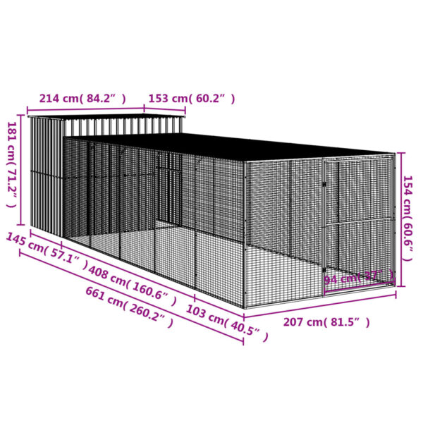 vidaXL Dog House with Run Anthracite 84.3"x260.2"x71.3" Galvanized Steel - Image 9