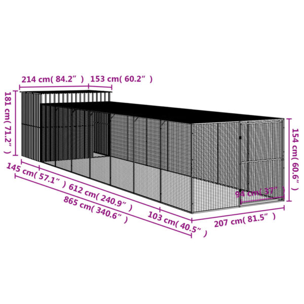 vidaXL Dog House with Run Anthracite 84.3"x340.6"x71.3" Galvanized Steel - Image 9