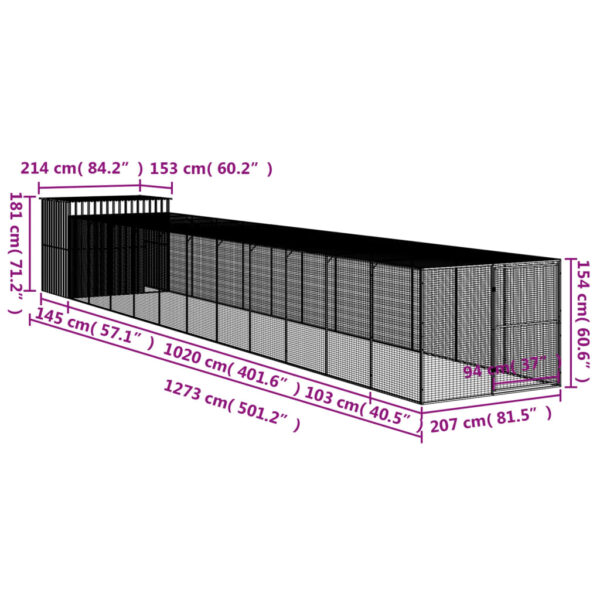 vidaXL Dog House with Run Anthracite 84.3"x501.2"x71.3" Galvanized Steel - Image 9