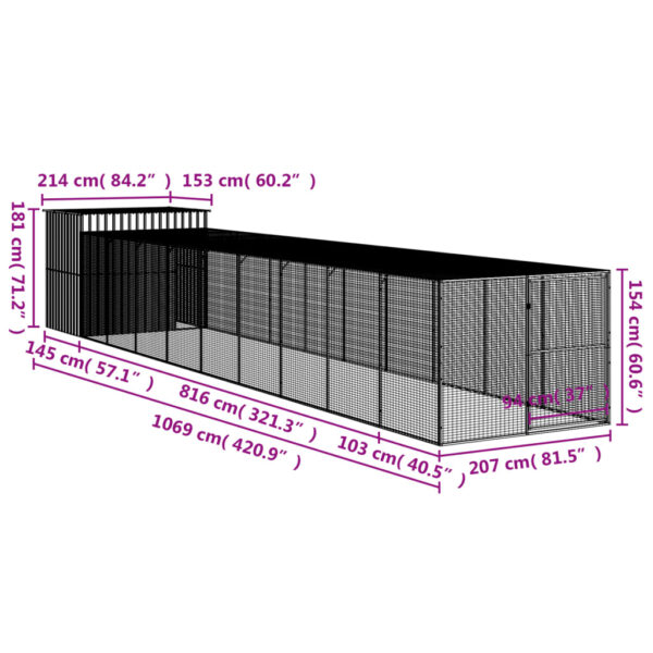 vidaXL Dog House with Run Light Gray 84.3"x420.9"x71.3" Galvanized Steel - Image 9