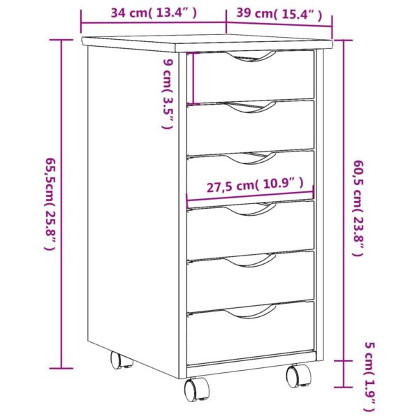 vidaXL Rolling Cabinet with Drawers MOSS Honey Brown Solid Wood Pine - Image 9