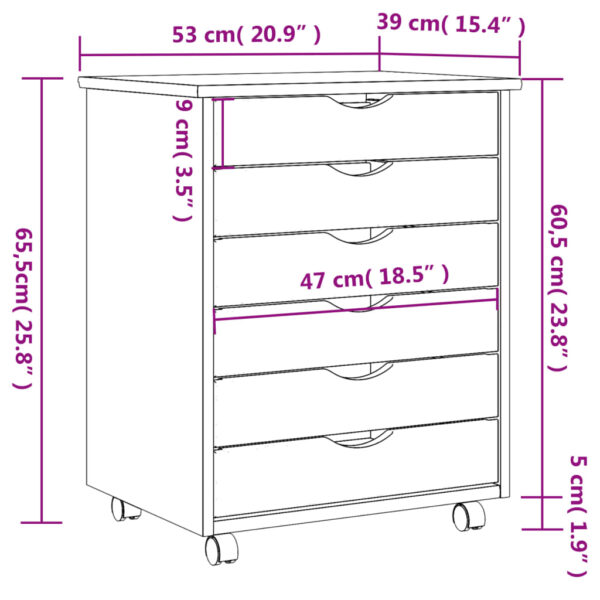 vidaXL Rolling Cabinet with Drawers MOSS Honey Brown Solid Wood Pine - Image 9