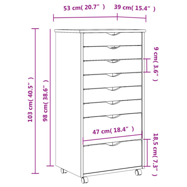 vidaXL Rolling Cabinet with Drawers MOSS Honey Brown Solid Wood Pine - Image 9