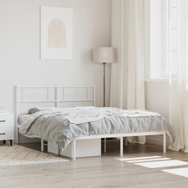 vidaXL Metal Bed Frame with Headboard White 53.1"x74.8"