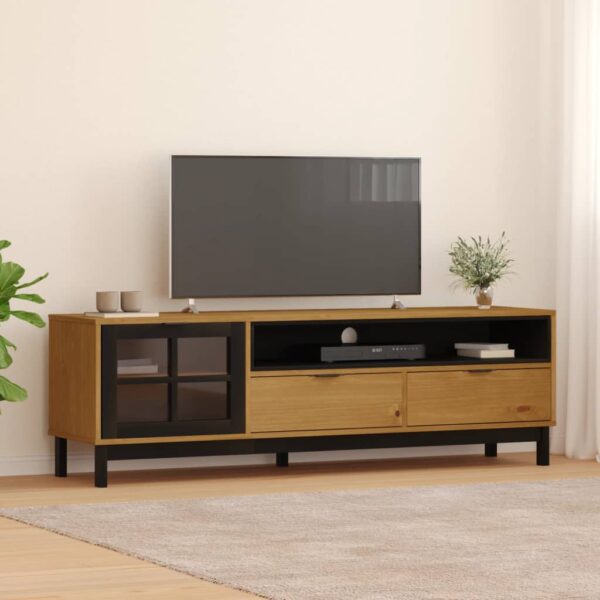 vidaXL TV Stand with Glass Door FLAM 62.2"x15.7"x19.7" Solid Wood Pine