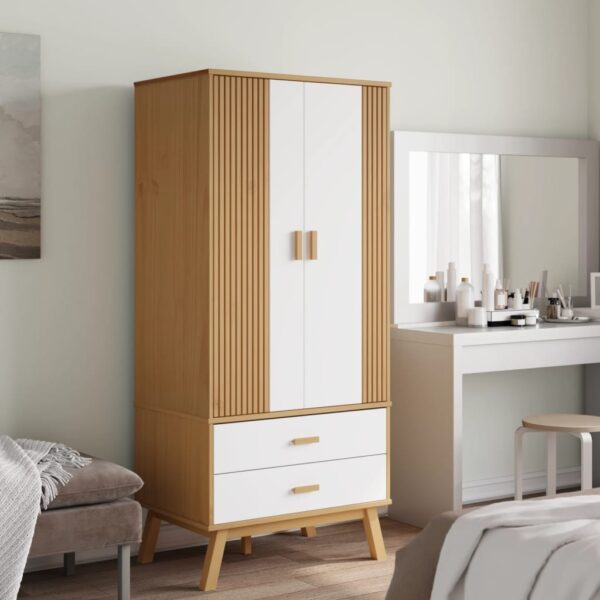 vidaXL Wardrobe OLDEN White and Brown 30.1"x20.9"x67.7" Solid Wood Pine - Image 3