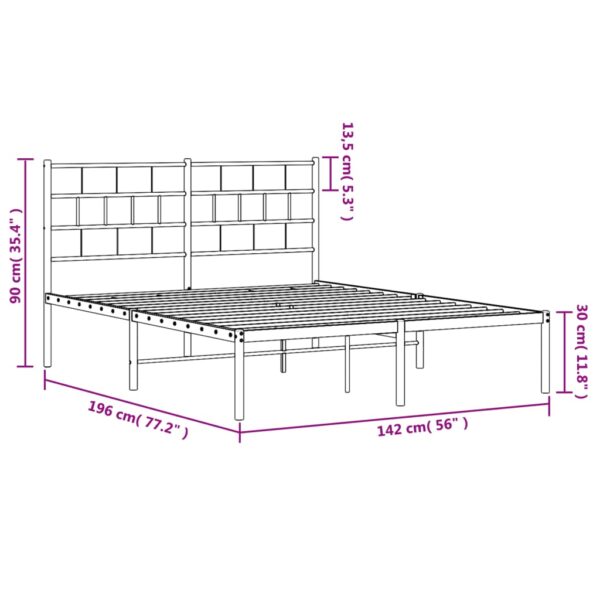 vidaXL Metal Bed Frame with Headboard White 53.1"x74.8" - Image 9