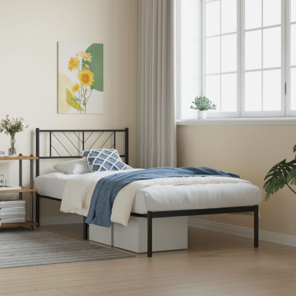 vidaXL Metal Bed Frame with Headboard Black 39.4"x74.8" Twin