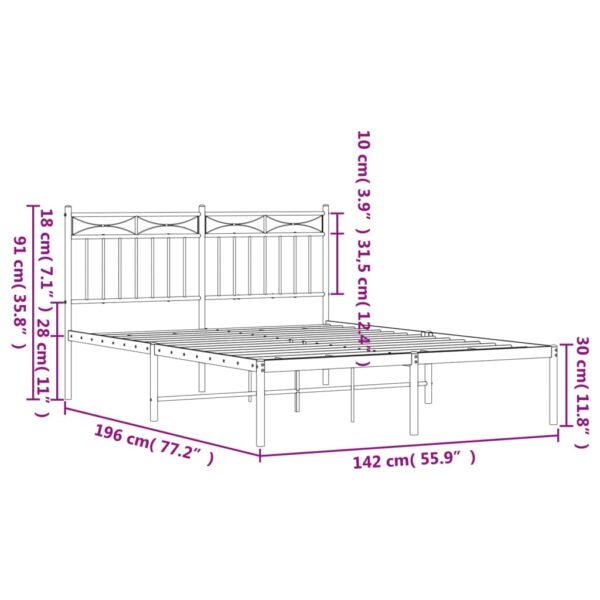 vidaXL Metal Bed Frame with Headboard White 53.1"x74.8" - Image 9