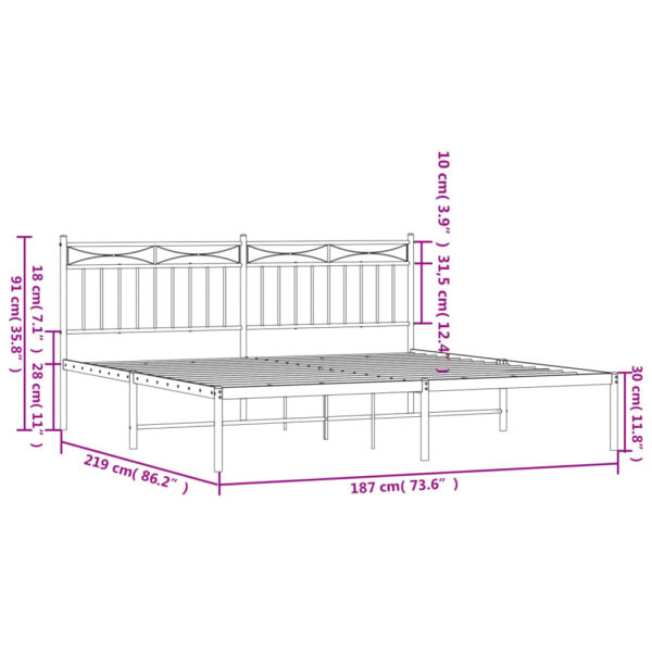 vidaXL Metal Bed Frame with Headboard White 72"x83.9" California King - Image 9