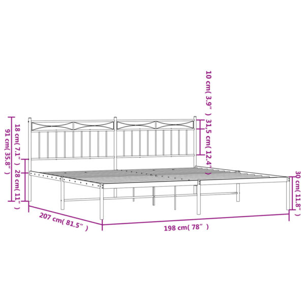 vidaXL Metal Bed Frame with Headboard White 76"x79.9" King - Image 9