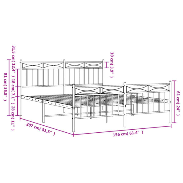 vidaXL Metal Bed Frame with Headboard and FootboardÂ White 59.1"x78.7" - Image 9