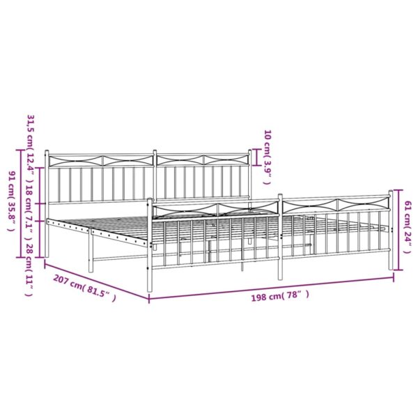 vidaXL Metal Bed Frame with Headboard and FootboardÂ White 76"x79.9" King - Image 9