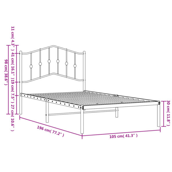 vidaXL Metal Bed Frame with Headboard White 39.4"x74.8" Twin - Image 9