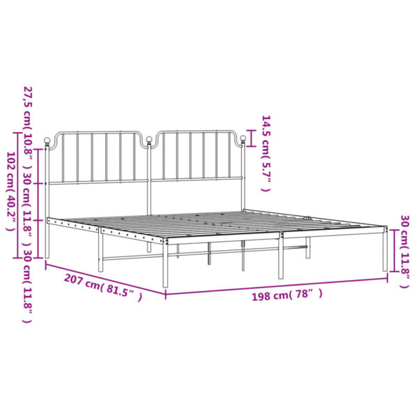 vidaXL Metal Bed Frame with Headboard Black 76"x79.9" King - Image 9