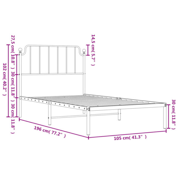 vidaXL Metal Bed Frame with Headboard White 39.4"x74.8" Twin - Image 9