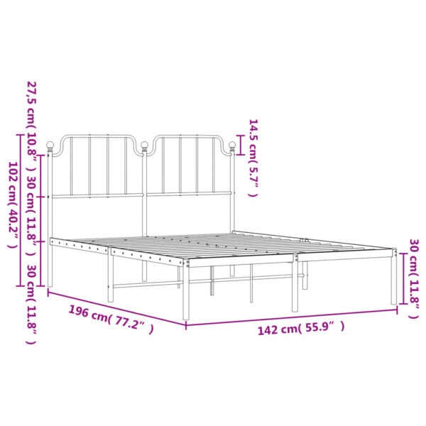 vidaXL Metal Bed Frame with Headboard White 53.1"x74.8" - Image 9