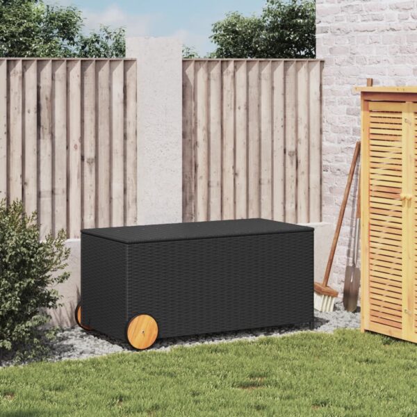 vidaXL Garden Storage Box with Wheels Black 50.2 Gal Poly Rattan - Image 3